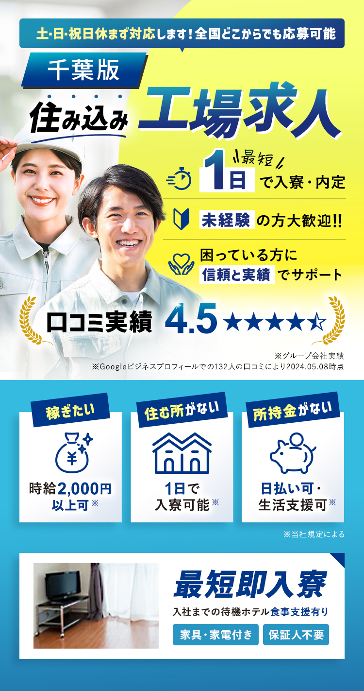 土・日・祝休まず対応します！全国どこからでも応募可能　住み込み工場求人　最短1日で入寮・内定
    未経験の方大歓迎！！困っている方に信頼と実績でサポート　口コミ実績　4.5　最短即入寮　入社までの待機ホテル食事支援あり　家具家電付き・保証人不要