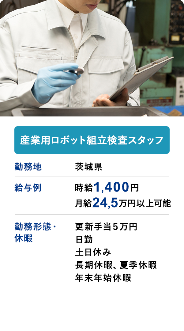 産業用ロボット組立検査スタッフ	勤務地	茨城県	給与例　時給1400円	月収24,5円以上可能	勤務形態・休暇	・更新手当５万円・日勤・土日休み・長期休暇、夏季休暇、年末年始休暇