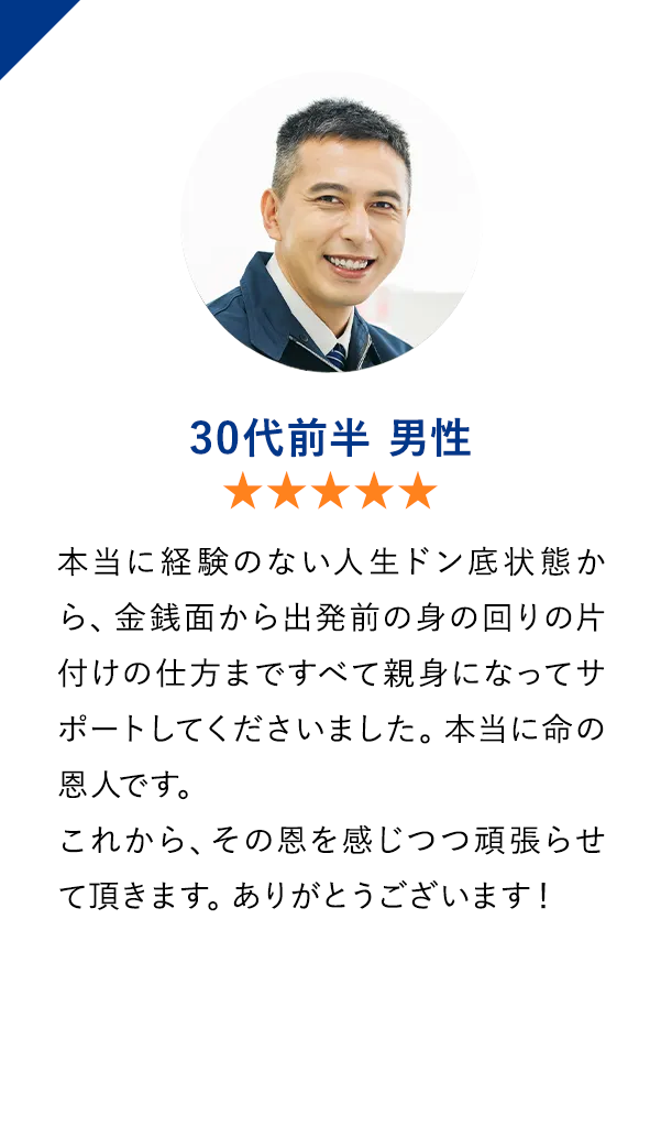 30代前半男性　★★★★★　本当に経験のない人生ドン底状態から、金銭面から出発前身の回りの片付けの仕方まですべて親身になってサポートしてくださいました。本当に命の恩人です。
                        これから、その恩を感じつつ頑張らせて頂きます。ありがとうございます！