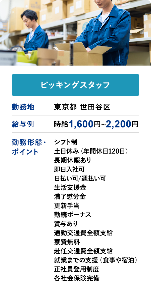 ピッキングスタッフ 勤務地 東京都 世田谷区 給与例 時給 1,600円 ~ 2,200円
